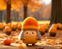 un' piccolo giocattolo nel un arancia cappello sta nel il mezzo di un autunno foresta generativo ai foto