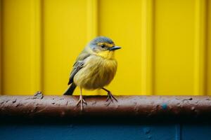 un' piccolo giallo e blu uccello seduta su un' ripiano generativo ai foto