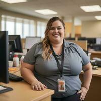 un' sorridente donna nel un ufficio ambientazione generativo ai foto