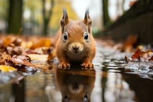 un' scoiattolo è in piedi nel un' pozzanghera di acqua con le foglie su il terra generativo ai foto