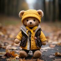 un' orsacchiotto orso indossare un' giacca e cappello generativo ai foto