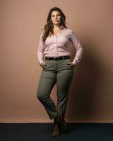 un' donna nel un' rosa camicia e grigio pantaloni generativo ai foto