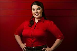 un' donna nel un' rosso camicia in posa contro un' rosso parete generativo ai foto
