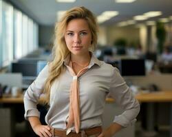 un' donna nel un ufficio con sua mani su sua fianchi generativo ai foto