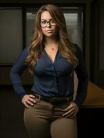 un' donna indossare bicchieri e un' blu camicia è in piedi nel un ufficio generativo ai foto