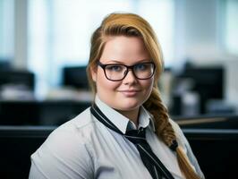 un' donna indossare bicchieri e un' camicia nel un ufficio generativo ai foto