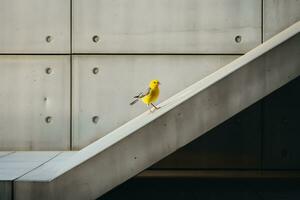 un' giallo uccello in piedi su il bordo di un' calcestruzzo parete generativo ai foto