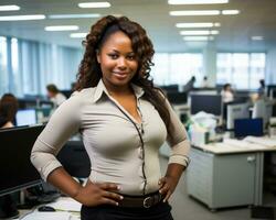 un africano americano donna nel un ufficio generativo ai foto