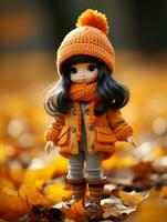 un Immagine di un' Bambola indossare un arancia cappotto e stivali generativo ai foto