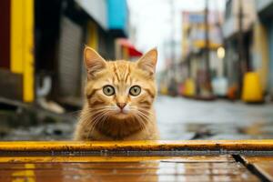 un arancia soriano gatto seduta su un' bagnato strada generativo ai foto