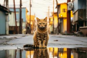 un arancia soriano gatto seduta su il terra nel un vuoto strada generativo ai foto