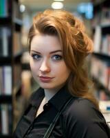 ritratto di un' bellissimo giovane donna nel un' biblioteca azione foto generativo ai