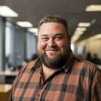 un' uomo con un' barba e un' plaid camicia nel un ufficio generativo ai foto