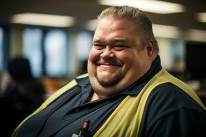 un' uomo con un' grande Sorridi su il suo viso nel un ufficio generativo ai foto