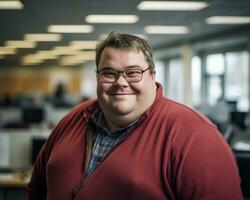 un' uomo con bicchieri e un' rosso maglione sorrisi per il telecamera generativo ai foto