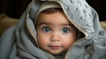 un' bambino con grande blu occhi è avvolto nel un' coperta generativo ai foto
