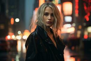 un' bellissimo bionda donna nel un' nero pelle giacca in piedi nel il pioggia generativo ai foto