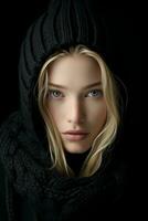 un' bellissimo bionda donna nel un' nero maglione e sciarpa generativo ai foto