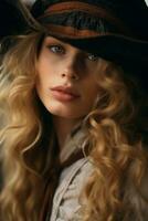 un' bellissimo bionda donna nel un' cowboy cappello generativo ai foto