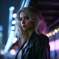 un' bellissimo bionda donna nel un' pelle giacca in piedi nel davanti di un' città a notte generativo ai foto