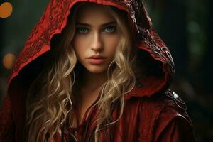 un' bellissimo bionda donna nel un' rosso felpa con cappuccio generativo ai foto