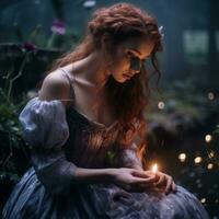 un' bellissimo rosso dai capelli donna Tenere un' illuminato candela nel il buio generativo ai foto