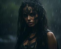 un' bellissimo donna con dreads nel il pioggia generativo ai foto