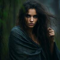 un' bellissimo donna con lungo capelli nel il foresta generativo ai foto