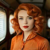 un' bellissimo donna con rosso capelli e luminosa blu occhi generativo ai foto