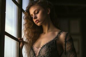 un' bellissimo giovane donna nel un' vestito guardare su il finestra generativo ai foto