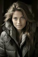 un' bellissimo giovane donna nel un' giacca in posa per il telecamera generativo ai foto