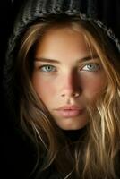 un' bellissimo giovane donna con blu occhi nel un' nero felpa con cappuccio generativo ai foto