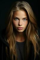un' bellissimo giovane donna con lungo capelli e blu occhi generativo ai foto