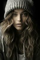 un' bellissimo giovane donna con lungo capelli indossare un' cappello generativo ai foto