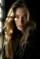 un' bellissimo giovane donna con lungo ondulato capelli generativo ai foto