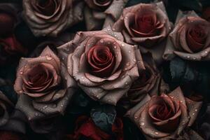 un' mazzo di rosso Rose con acqua goccioline su loro generativo ai foto