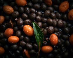 un' vicino su Visualizza di nero fagioli con verde le foglie generativo ai foto