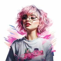 un' digitale pittura di un' donna con rosa capelli e bicchieri generativo ai foto