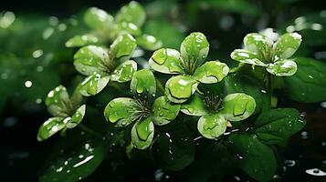 un' gruppo di verde fiori con acqua goccioline su loro generativo ai foto