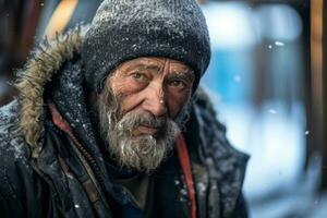 un' senza casa uomo nel il inverno con neve su il suo viso generativo ai foto