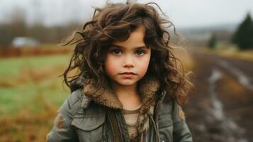 un' poco ragazza con Riccio capelli in piedi su un' sporco strada generativo ai foto
