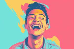 un' uomo ridendo nel davanti di un' colorato sfondo generativo ai foto