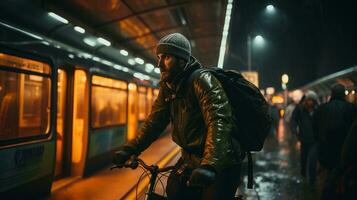 un' uomo su un' bicicletta nel un' metropolitana stazione a notte generativo ai foto