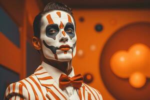 un' uomo con un' clown viso dipinto su il suo viso generativo ai foto