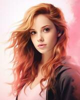 un' pittura di un' bellissimo donna con lungo rosso capelli generativo ai foto
