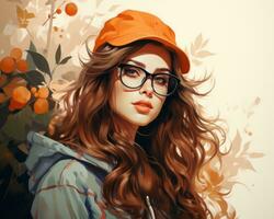 un' pittura di un' ragazza con bicchieri e un arancia cappello generativo ai foto