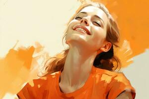 un' pittura di un' donna sorridente con un arancia sfondo generativo ai foto