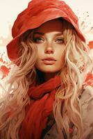 un' pittura di un' donna indossare un' rosso cappello e sciarpa generativo ai foto