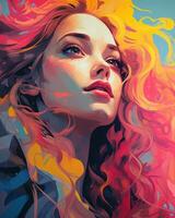 un' pittura di un' donna con colorato capelli generativo ai foto
