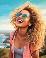 un' pittura di un' donna con Riccio capelli e occhiali da sole su superiore di un' collina con il oceano nel il sfondo generativo ai foto